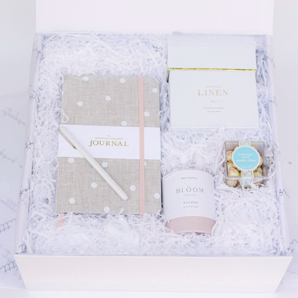 
                  
                    Birthday Gift Box for Her includes journal, candy, bath truffle, pen and candle
                  
                