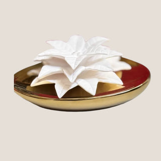 Dream Porcelain Poinsettia Diffuser, Diffuser, Luxury Gift of a Porcelain Poinsettia Flower Diffuser with a Gold Base. Wonderful as a luxury gift for a hostess, housewarming, etc. Luxury Decor Reno, Luxury Gift Reno, Biggest Little Baskets