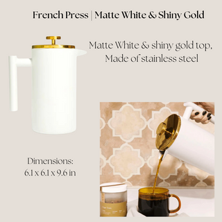 with Gold Trim French Press/ Tea Press, Two White Porcelain Mugs with Gold Trim and Gold Aluminum Non- Slip Base, Gold Tea Scoop, Choice of Charles Gray Or Green Gold Loose Leaf Tea,  Makabi & Sons Shortbread Cookies, Packaged in a Matte White Gift Box and Tied with a Ribbon Bow, Luxury Gift Box, Luxury Gift Reno, Gift Company Reno