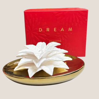 Dream Porcelain Poinsettia Diffuser, Diffuser, Luxury Gift of a Porcelain Poinsettia Flower Diffuser with a Gold Base. Wonderful as a luxury gift for a hostess, housewarming, etc. Luxury Decor Reno, Luxury Gift Reno, Biggest Little Baskets