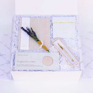 Thinking of You Gift Box (Get Well/Sympathy Gift Box) Includes a Beige Linen Journal, A Blush Colored Pen in Gift Box, A Glass Jar Candle in a Gift box, an Oatmeal Colored Eye Pillow, and a Mini Bundle of Lavender Sprigs, All Packaged In a Beautiful White Gift Box with Ribbon Bow,Biggest Little Baskets, Luxury Gift, Gift Box for Women, Gift Box Reno, Luxury Gift Reno, Gift Reno